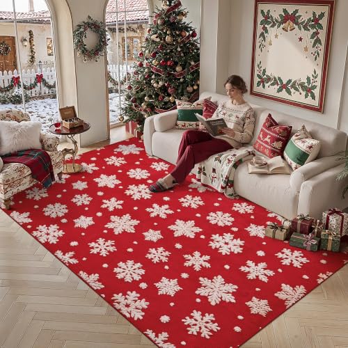 Red Snowflake Christmas Area Rug 5x7ft Washable Non-Slip Indoor Carpet - HUGEAR