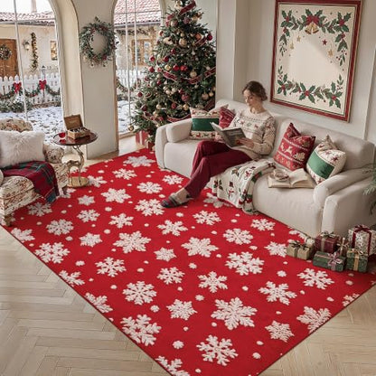 Red Snowflake Christmas Area Rug 5x7ft Washable Non-Slip Indoor Carpet - HUGEAR