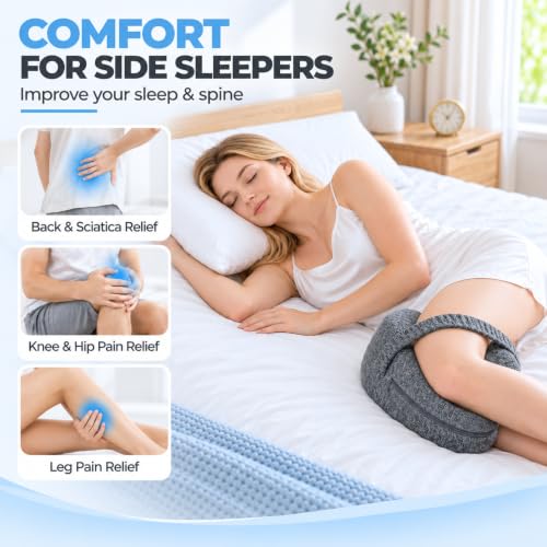 Memory Foam Knee Pillow for Side Sleepers with Adjustable Strap - Hip & Back Pain Relief