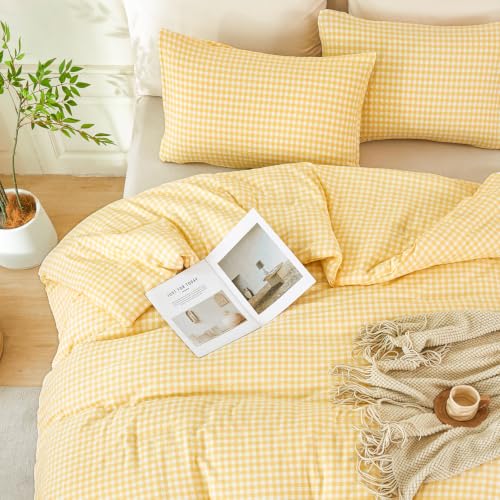 Queen Gingham Comforter Set - Yellow Checkered Bedding for Bedroom Decor