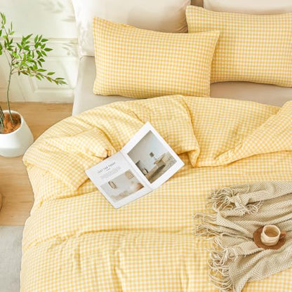 Queen Gingham Comforter Set - Yellow Checkered Bedding for Bedroom Decor