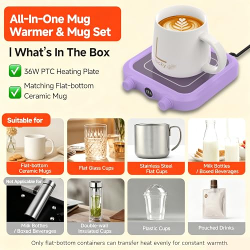 Purple Coffee Mug Warmer & Mug Set with 8 Temp Settings, Auto Shutoff