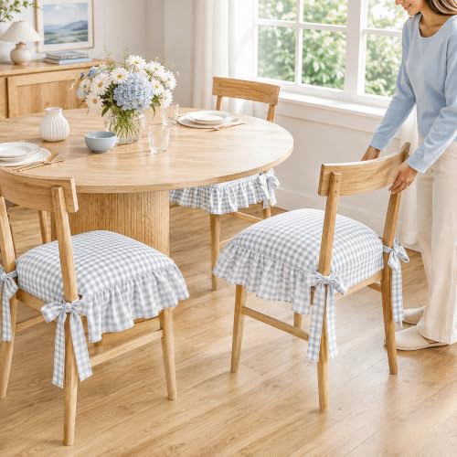 Farmhouse Blue Gingham Ruffle Chair Cushion Covers Set - 4 Pieces