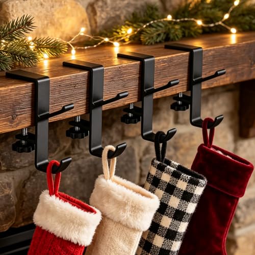 Black 4 Pack Adjustable Clamp-On Stocking Holders for Mantel Christmas Garland