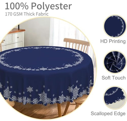 Christmas Round Tablecloth 42 Inch Navy Blue Snowflakes Circular Washable Fabric Holiday Decor Variation
