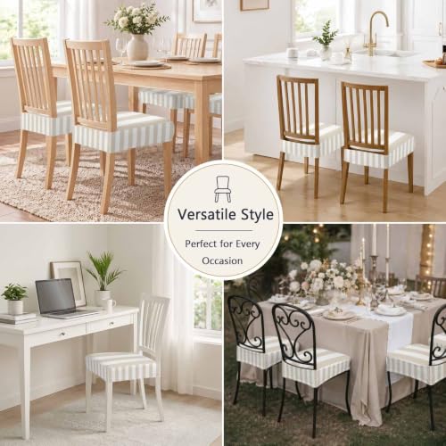 Beige Stretch Chair Covers Set of 6 - Cream Striped Dining Seat Protectors