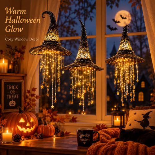 Halloween Witch Hat Lantern Black with Star Tassels - Warm LED Lighted Decoration