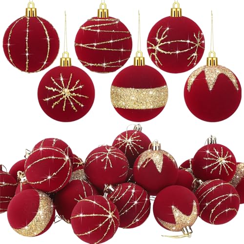 Namalu Red Velvet Glitter Christmas Balls Set - Shatterproof Holiday Ornaments