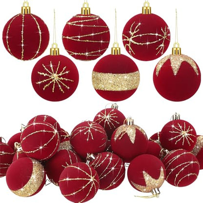 Namalu Red Velvet Glitter Christmas Balls Set - Shatterproof Holiday Ornaments