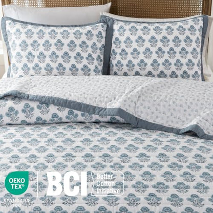 Reversible Cotton King Size Quilt Blue & White Patchwork 106x96