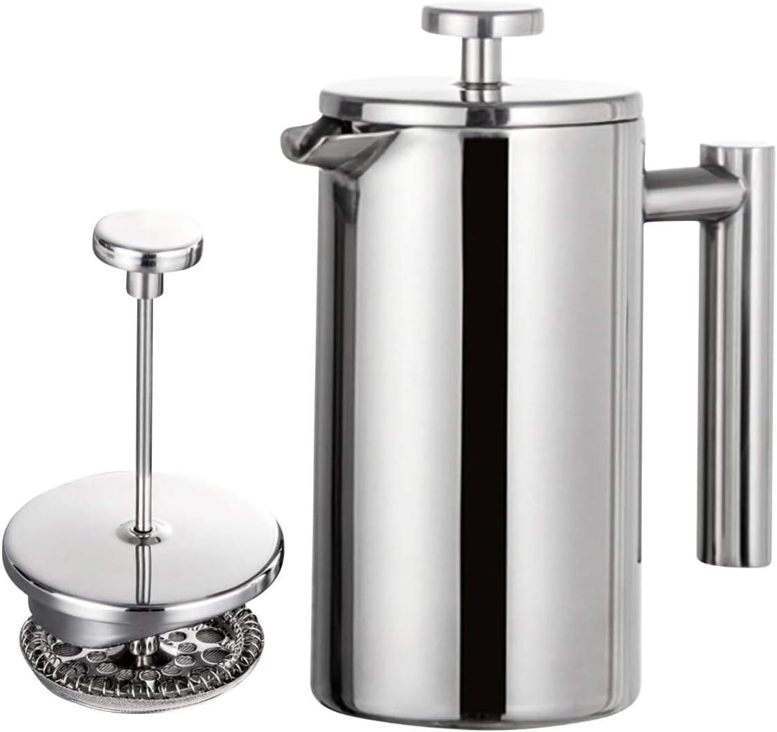 Skiennix French Press Coffee Maker - Stainless Steel Double Wall Insulated 34 oz | Portable Hot & Cold Brew Teapot for Kitchen & Camping