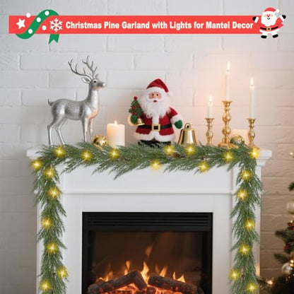 Green Christmas Cedar Garland 6 Ft Prelit with Pinecones & Lights