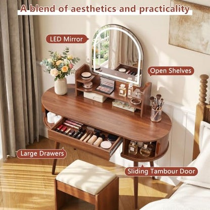43" Walnut Makeup Vanity Desk with LED Arched Mirror, Storage & Lights - 17.71"D x 43.3"W x 54.72"H