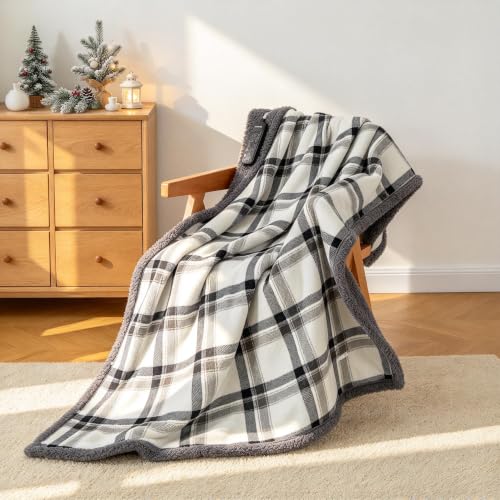 Garvee Electric Wearable Blanket 45x60 Flannel Sherpa Poncho - Dark White Plaid + Gray