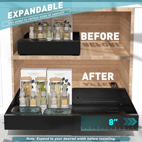 SPACEKEEPER Pull Out Cabinet Organizer, Extendable Slide Out Drawers for Cabinets with Adhesive Film 1 Pack Heavy Duty Pantry Shelves Storage and Organization for Kitchen Pantry Bathroom, Black