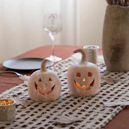 Halloween Fall Pumpkin Decor Tealight Holders, Jack O Lantern Set, Terracotta