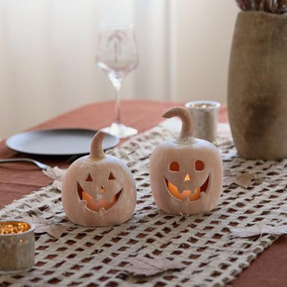 Halloween Fall Pumpkin Decor Tealight Holders, Jack O Lantern Set, Terracotta