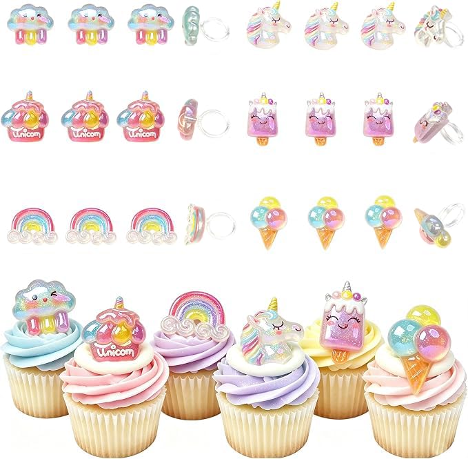 24 Pcs Unicorn Rainbow Glitter Cupcake Topper Rings - Unicon Variation