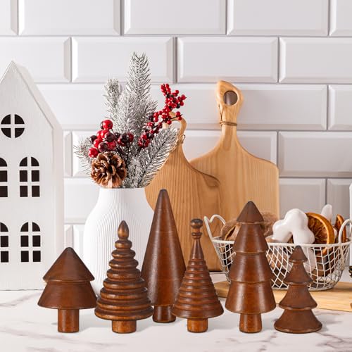 Mini Wooden Christmas Trees Set - Farmhouse Decor, Brown, 6 Pcs