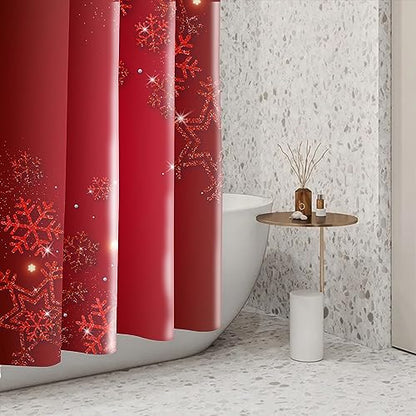 Christmas Shower Curtain 72 x 72 Inches Red Snowflakes Waterproof Polyester Set with Hooks