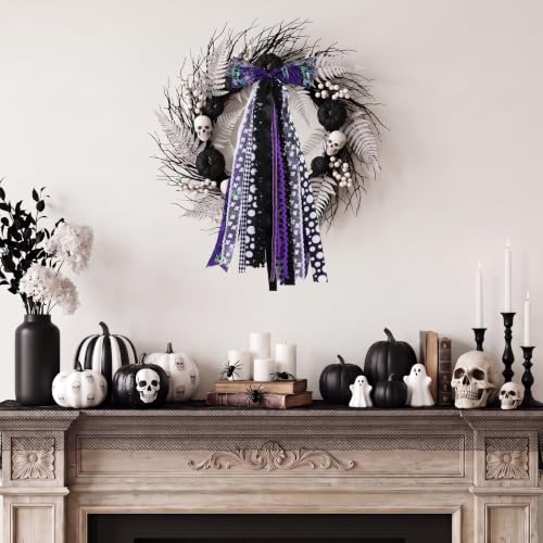 Halloween Wreath Sash for Front Door Black & Purple Ribbon Bows with Clip - Spooky Seasonal Decor