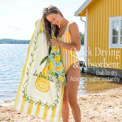 BEAQLIO Double-Sided Lemon Microfiber Beach Towel 71x36 Inches - Quick Dry, Lightweight, Absorbent, Sandproof, Travel & Pool Use - Lemon Variation