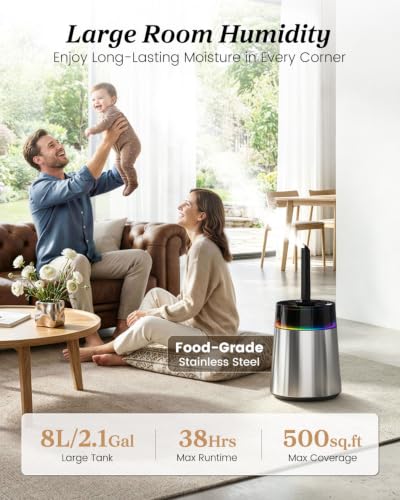 8L Stainless Steel Cool Mist Humidifier for Large Rooms - Silver