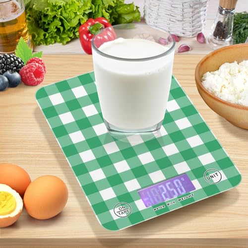 QwThum Food Scale Kitchen Digital Scale Food Ounces and Grams Dieting Baking Cooking Waterproof Glass Panels LCD Display,4 Units Scale Tare Function Gingham Green