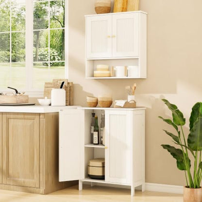 White Fluted Bathroom Storage Cabinet & Medicine Cabinet Set