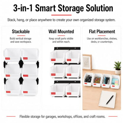 White Stackable Parts Bins - Heavy Duty Plastic Organizer 5x4x3 in (6 Pack)