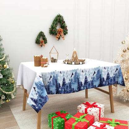 Waterproof Christmas Tablecloth 60x104 Inch Winter Forest Decor Blue