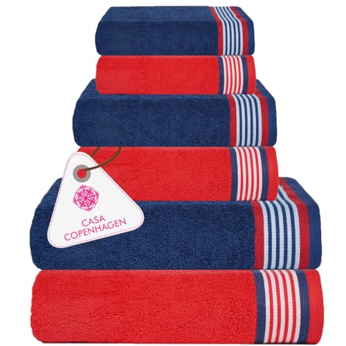 CASA COPENHAGEN 6-Piece Blue and Red Bathroom Towel Gift Set 550GSM