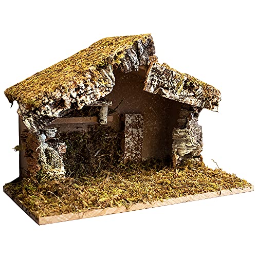Handmade Wooden Nativity Stable with Moss for Christmas Scene - 12x7x9 Inches