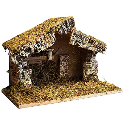 Handmade Wooden Nativity Stable with Moss for Christmas Scene - 12x7x9 Inches