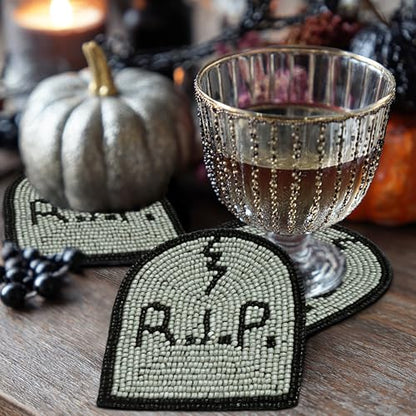 Halloween Beaded Coasters Set - Gravestone RIP Design, 4 Pack, Black & Grey