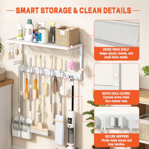 White Wall Mount Broom Holder with Shelf and Hooks - Heavy Duty Garage Organizer