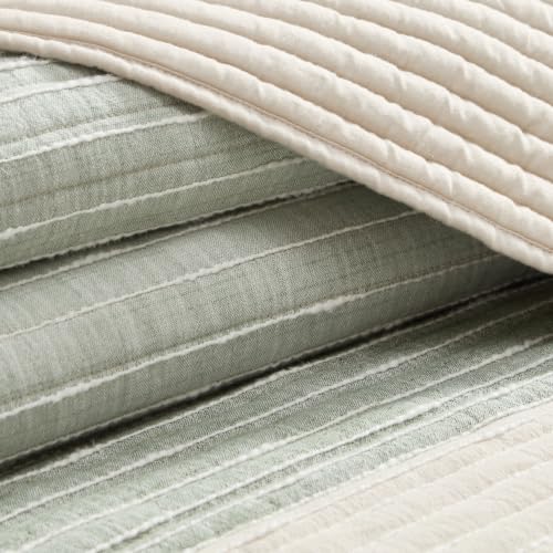 King Quilt Reversible Cotton Sand Stripes Sage Bedding 106x92in - Coastal Style