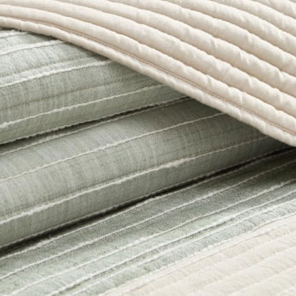 King Quilt Reversible Cotton Sand Stripes Sage Bedding 106x92in - Coastal Style