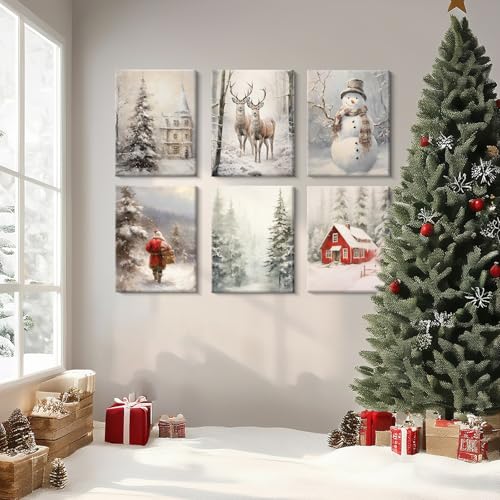 Snowman Wall Art Canvas Prints - Winter Holiday Home Decor - 8x10 Inches - Set of 6