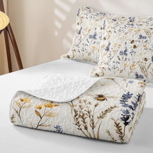 Wild Blue Floral King Quilt Bedding Set - Soft Breathable Polyester