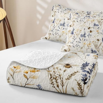 Wild Blue Floral King Quilt Bedding Set - Soft Breathable Polyester