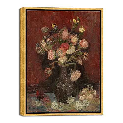 Wieco Art Framed Art Vase with Chinese Asters and Gladioli by Van Gogh Famous Oil Paintings Reproduction Abstract Canvas Prints for Home Decorations Bronze Gold Frame