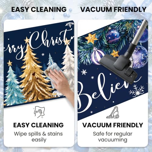 Christmas Kitchen Mats - Blue and Gold Xmas Tree Non-Slip Rugs, Set of 3 with Variation Xmas Tree