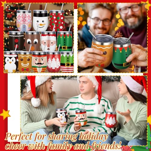 12 Pack Christmas Stainless Steel Insulated Wine Tumblers with Lids & Straws