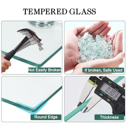 16-Inch Glass Floating Shelves for Bathroom, Kitchen & Living Room - 3 Pack, Tempered Glass with Zinc Alloy Brackets