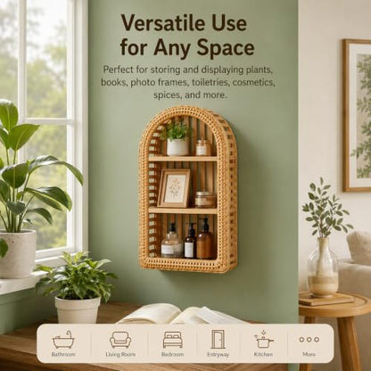 3-Tier Hand-Woven Bamboo Wall Shelf with Arch Frame - Rustic Wall Mount Organizer