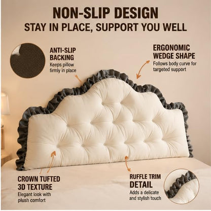 Pink Velvet Twin XL Dorm Headboard Pillow with Crown Tufted Design & Ruffle Trim - Reading Backrest Cushion, 39.37x21.65 Inches