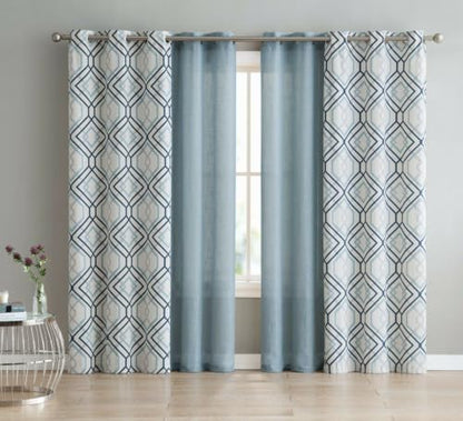 Aqua 4 Piece Geometric & Solid Grommet Top Window Curtain Set - 38 x 84 Inches
