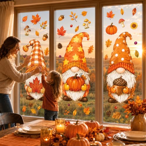 Large Fall Gnome Window Clings Halloween Thanksgiving Decor Set