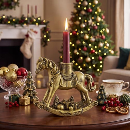 Christmas Rocking Horse Candle Holder 7.2 Inch Gold Home Decor